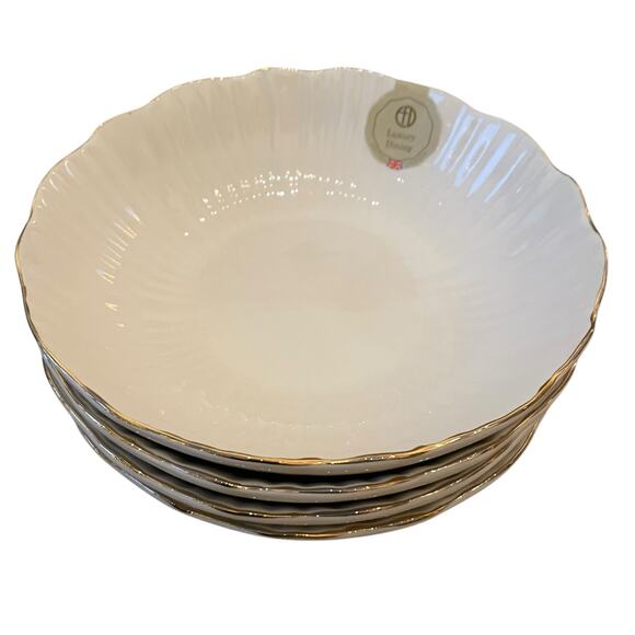 Eaton Fine Dining Porcelain 8.5in Pasta Bowl Set of 4 Aubrey White Gold Trim New - Picture 13 of 14